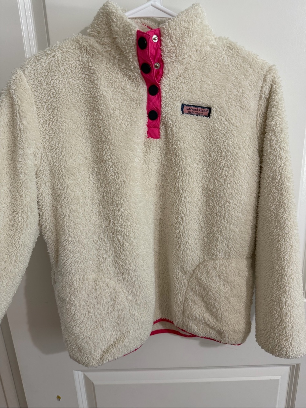 Kids Cream Fleece Pullover with Pink Trim